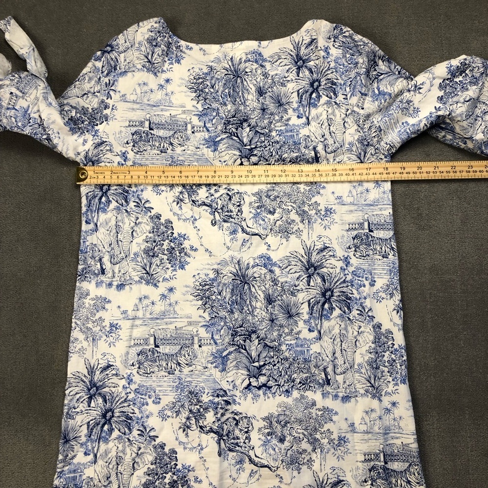 H&M Linen Blend safari Tiger Blue White Shift Dress Tie Sleeves size 2 - Picture 7 of 8